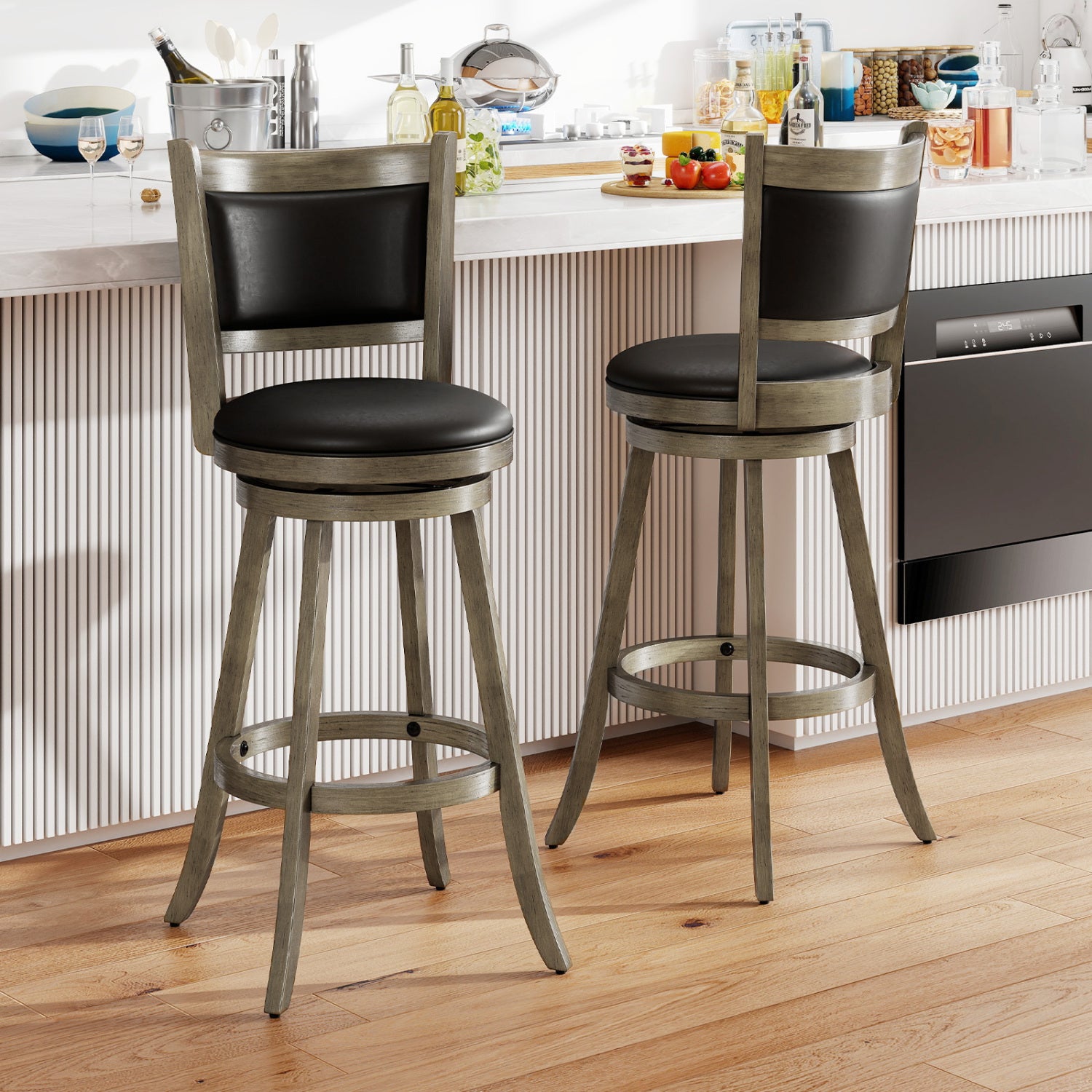 29 Inch Wooden Swivel Bar Stool, PVC Cushioned Seat, Gray Bar Stools at Gallery Canada