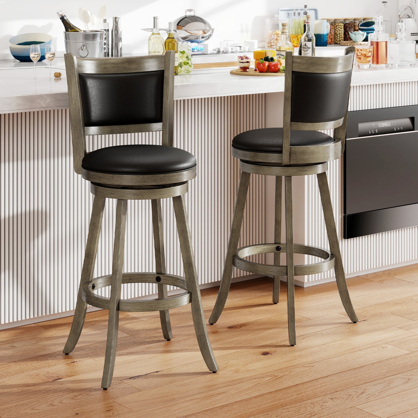29 Inch Wooden Swivel Bar Stool, PVC Cushioned Seat, Gray Bar Stools at Gallery Canada