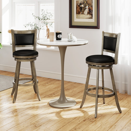 29 Inch Wooden Swivel Bar Stool, PVC Cushioned Seat, Gray