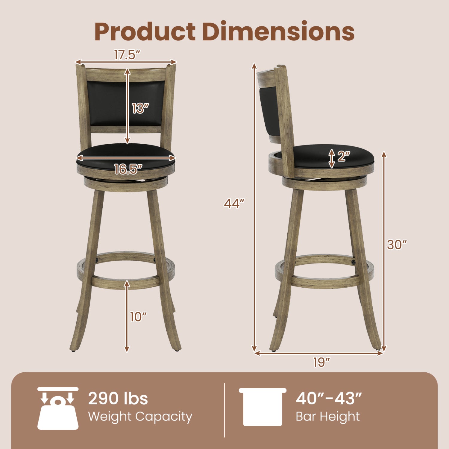 29 Inch Wooden Swivel Bar Stool, PVC Cushioned Seat, Gray Bar Stools at Gallery Canada
