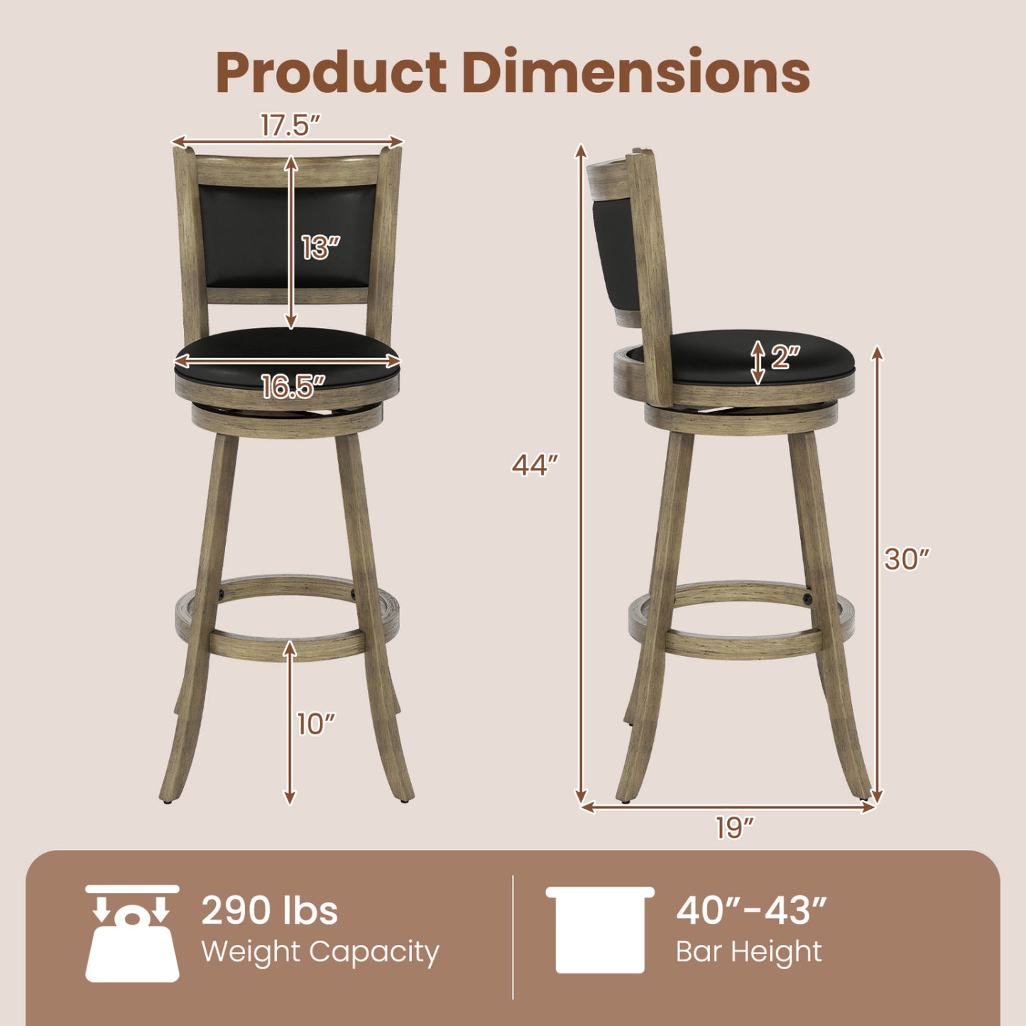 29 Inch Wooden Swivel Bar Stool, PVC Cushioned Seat, Gray Bar Stools at Gallery Canada