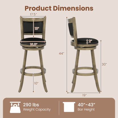 29 Inch Wooden Swivel Bar Stool, PVC Cushioned Seat, Gray Bar Stools at Gallery Canada