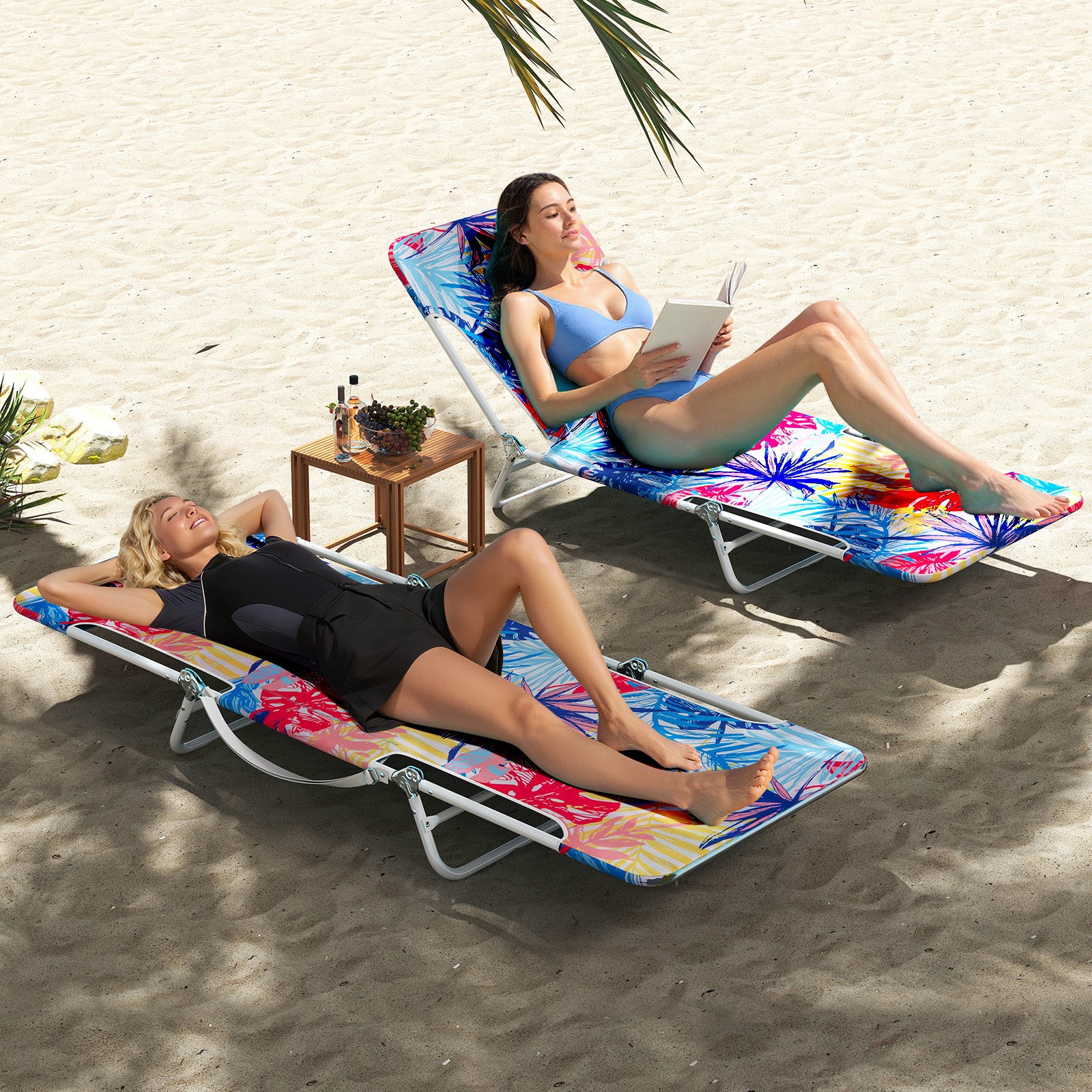2 Pieces 5-position Lay Flat Beach Recliner with Carry Strap and Metal Frame, Pink Beach & Lawn Chairs at Gallery Canada