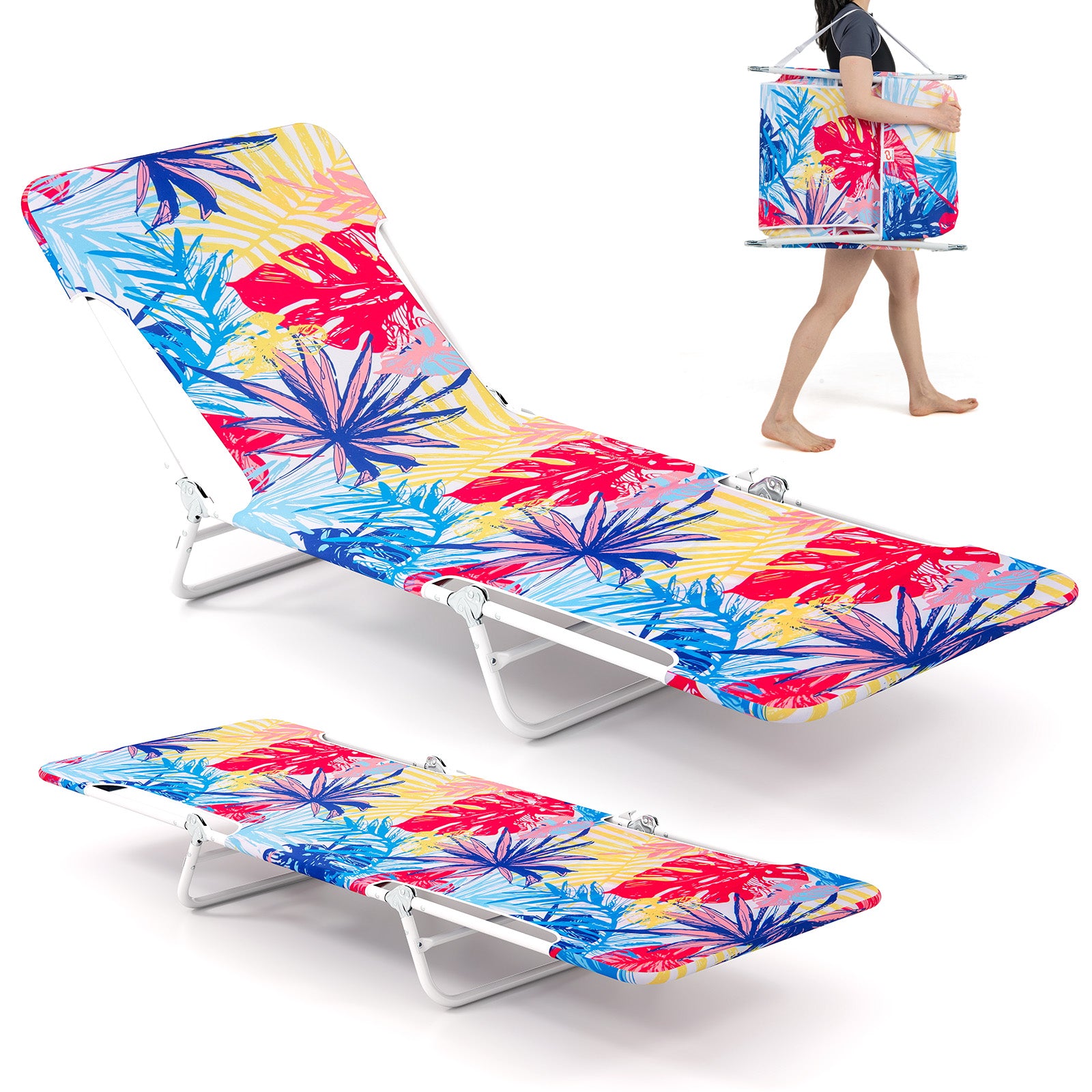 2 Pieces 5-position Lay Flat Beach Recliner with Carry Strap and Metal Frame, Pink Beach & Lawn Chairs Pink at Gallery Canada