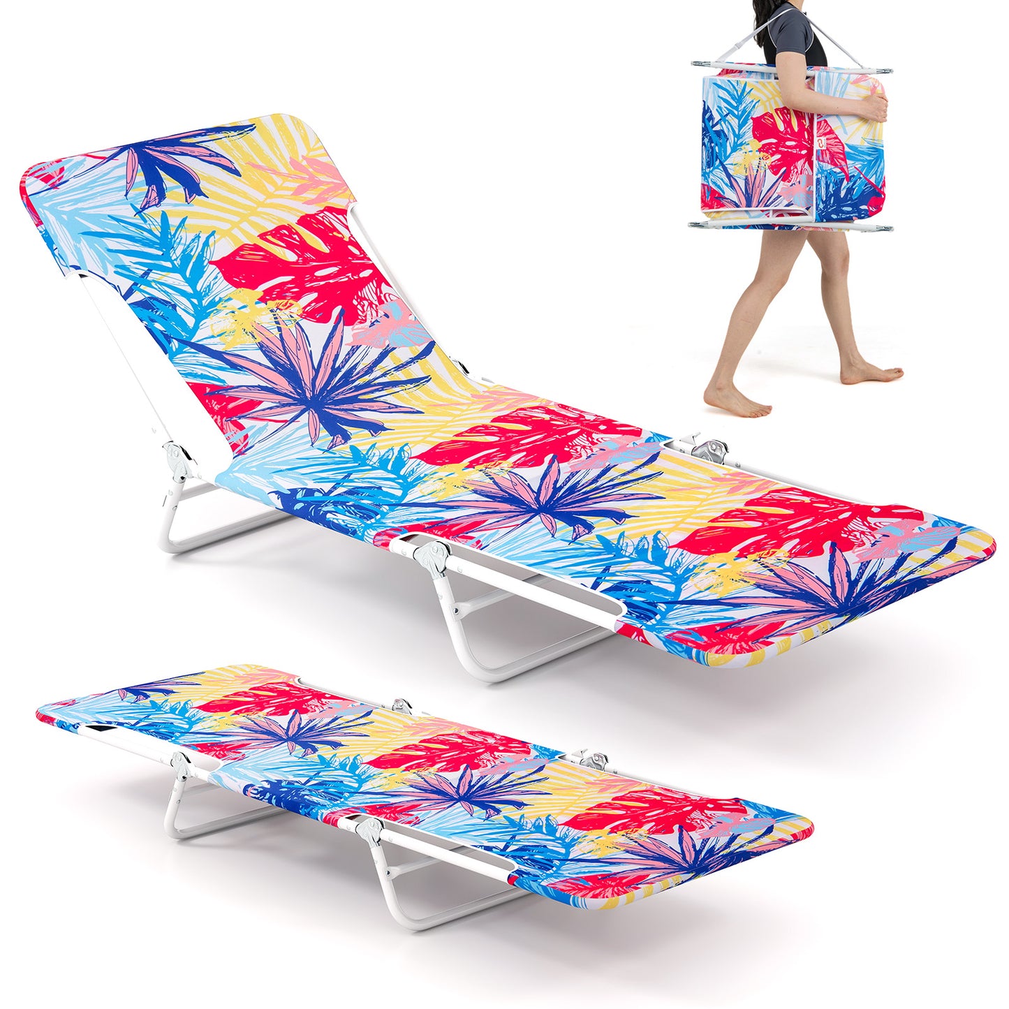 2 Pieces 5-position Lay Flat Beach Recliner with Carry Strap and Metal Frame, Pink Beach & Lawn Chairs at Gallery Canada