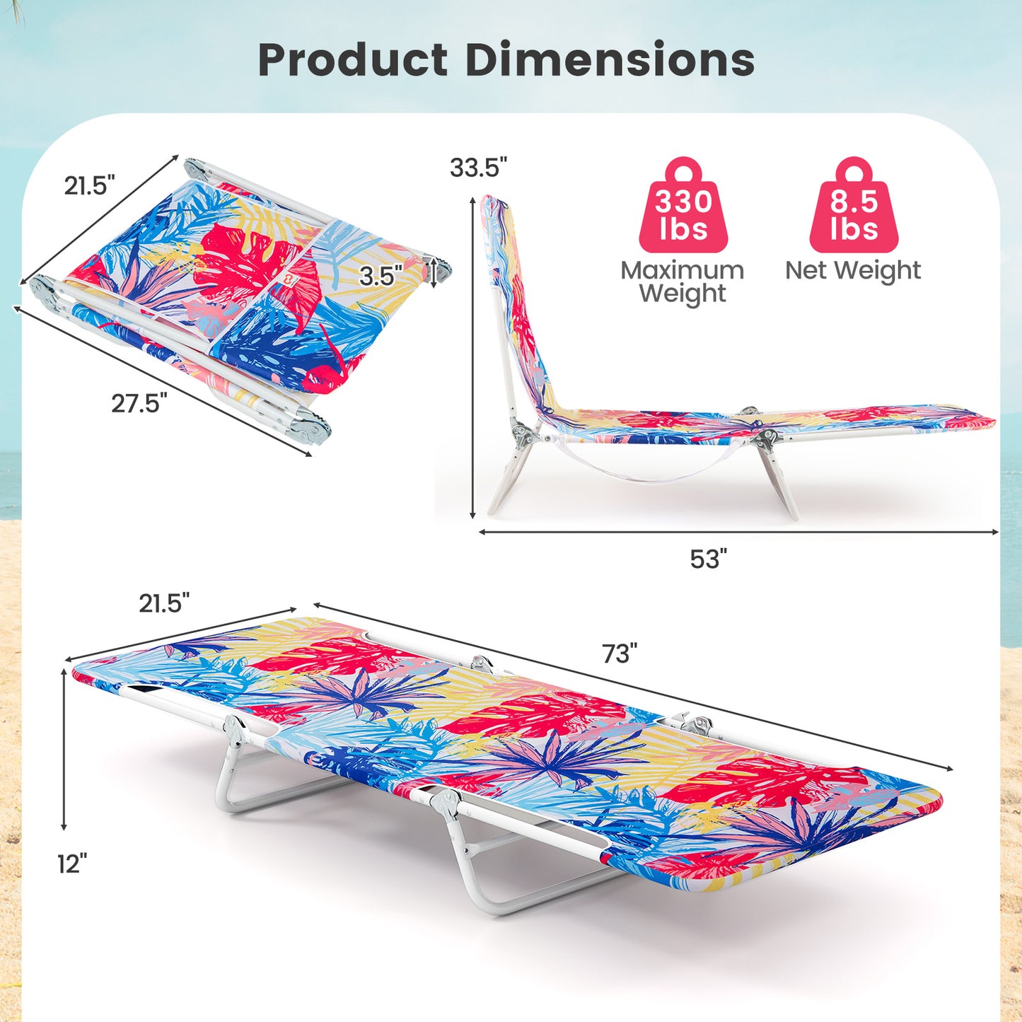 2 Pieces 5-position Lay Flat Beach Recliner with Carry Strap and Metal Frame, Pink Beach & Lawn Chairs at Gallery Canada