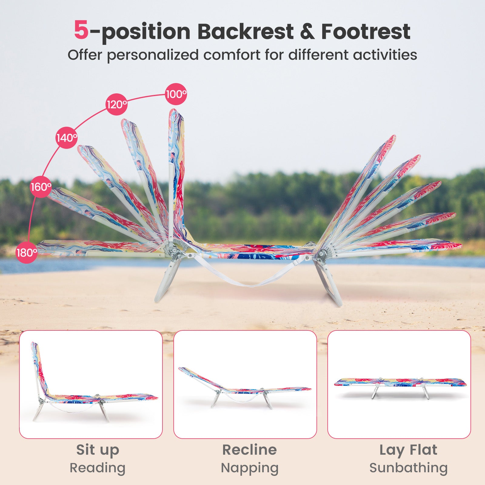2 Pieces 5-position Lay Flat Beach Recliner with Carry Strap and Metal Frame, Pink Beach & Lawn Chairs at Gallery Canada