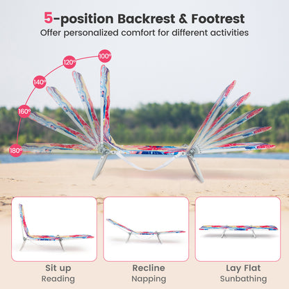 2 Pieces 5-position Lay Flat Beach Recliner with Carry Strap and Metal Frame, Pink Beach & Lawn Chairs at Gallery Canada