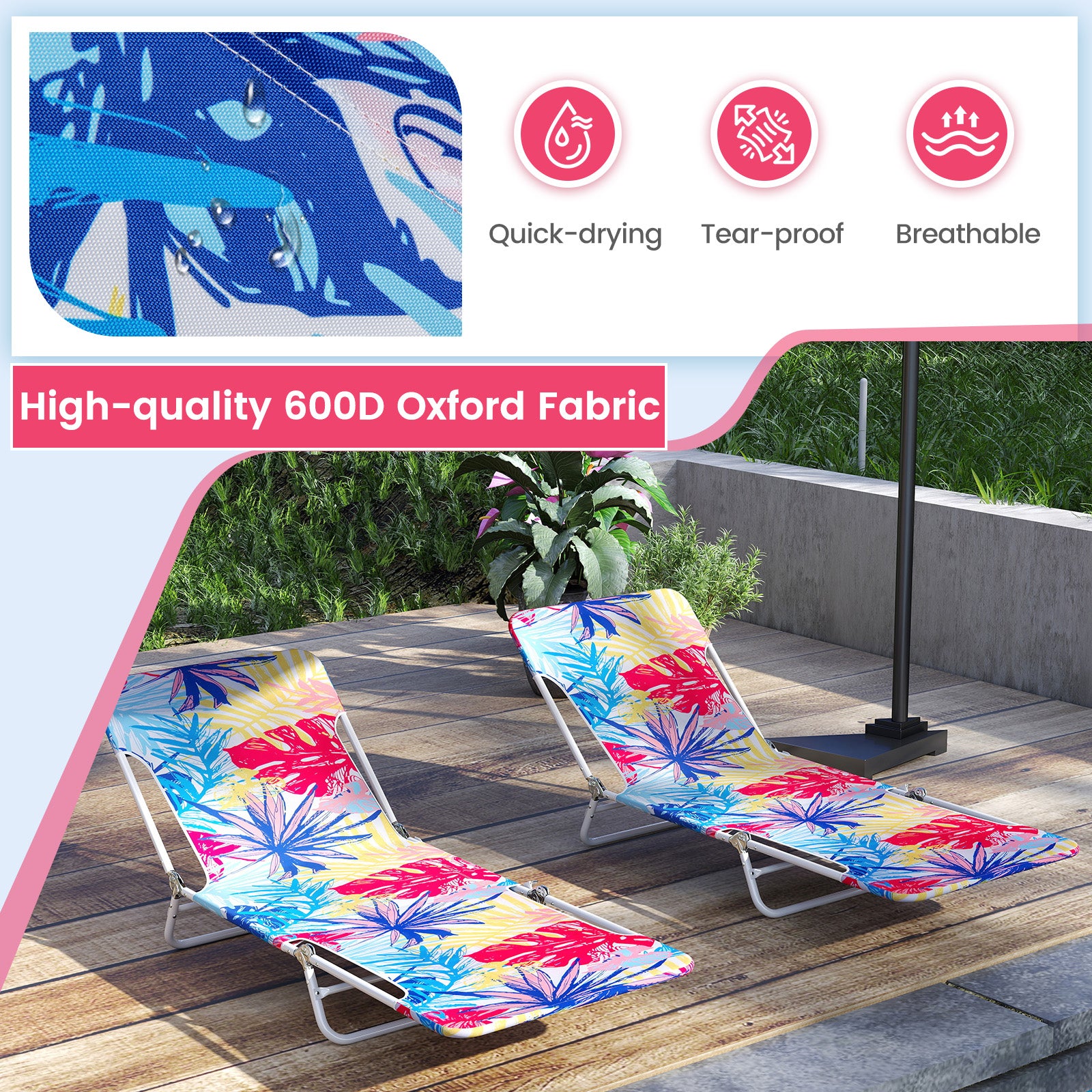 2 Pieces 5-position Lay Flat Beach Recliner with Carry Strap and Metal Frame, Pink Beach & Lawn Chairs at Gallery Canada