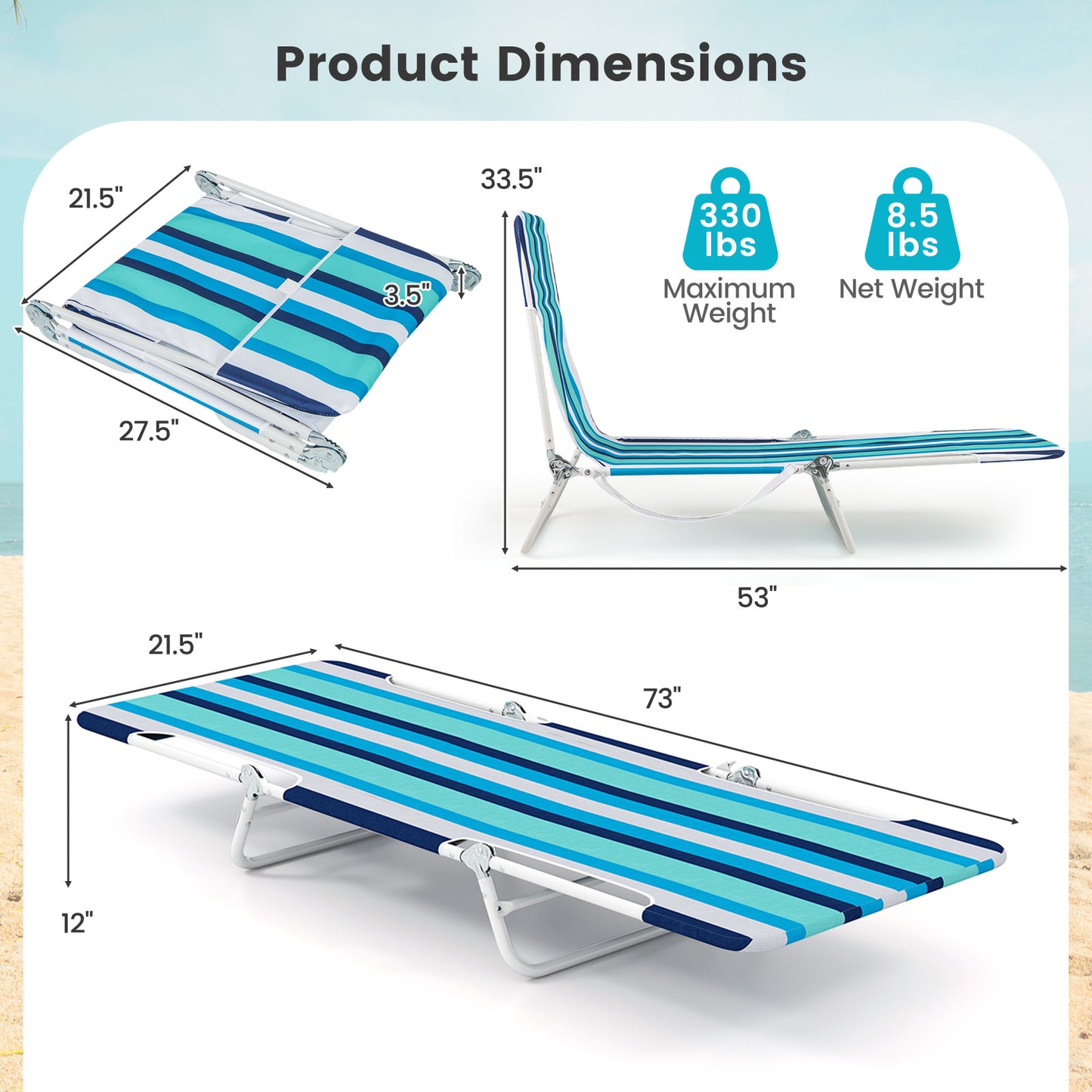 2 Pieces 5-position Lay Flat Beach Recliner with Carry Strap and Metal Frame, Blue Beach & Lawn Chairs at Gallery Canada