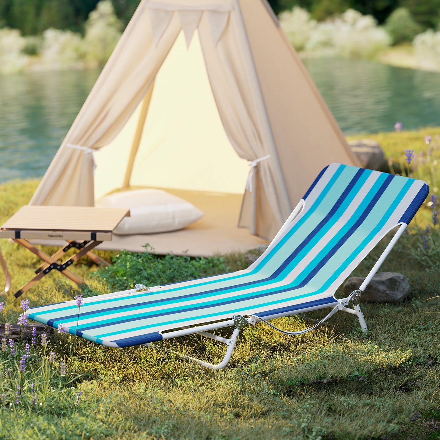 2 Pieces 5-position Lay Flat Beach Recliner with Carry Strap and Metal Frame, Blue Beach & Lawn Chairs at Gallery Canada