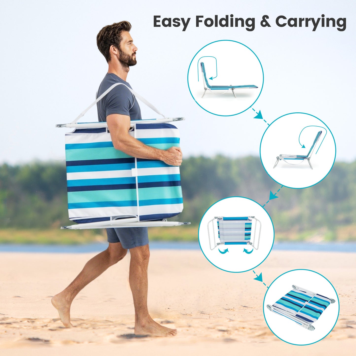 2 Pieces 5-position Lay Flat Beach Recliner with Carry Strap and Metal Frame, Blue Beach & Lawn Chairs at Gallery Canada