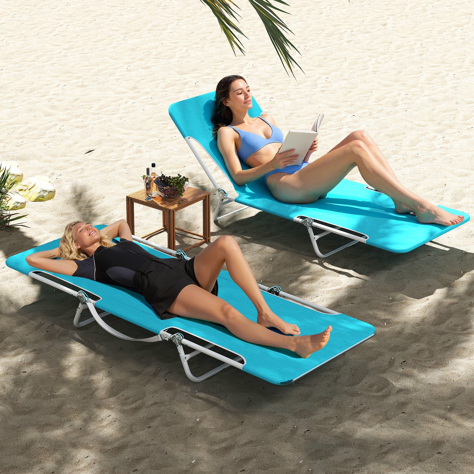 2 Pieces 5-position Lay Flat Beach Recliner with Carry Strap and Metal Frame, Turquoise Beach & Lawn Chairs at Gallery Canada