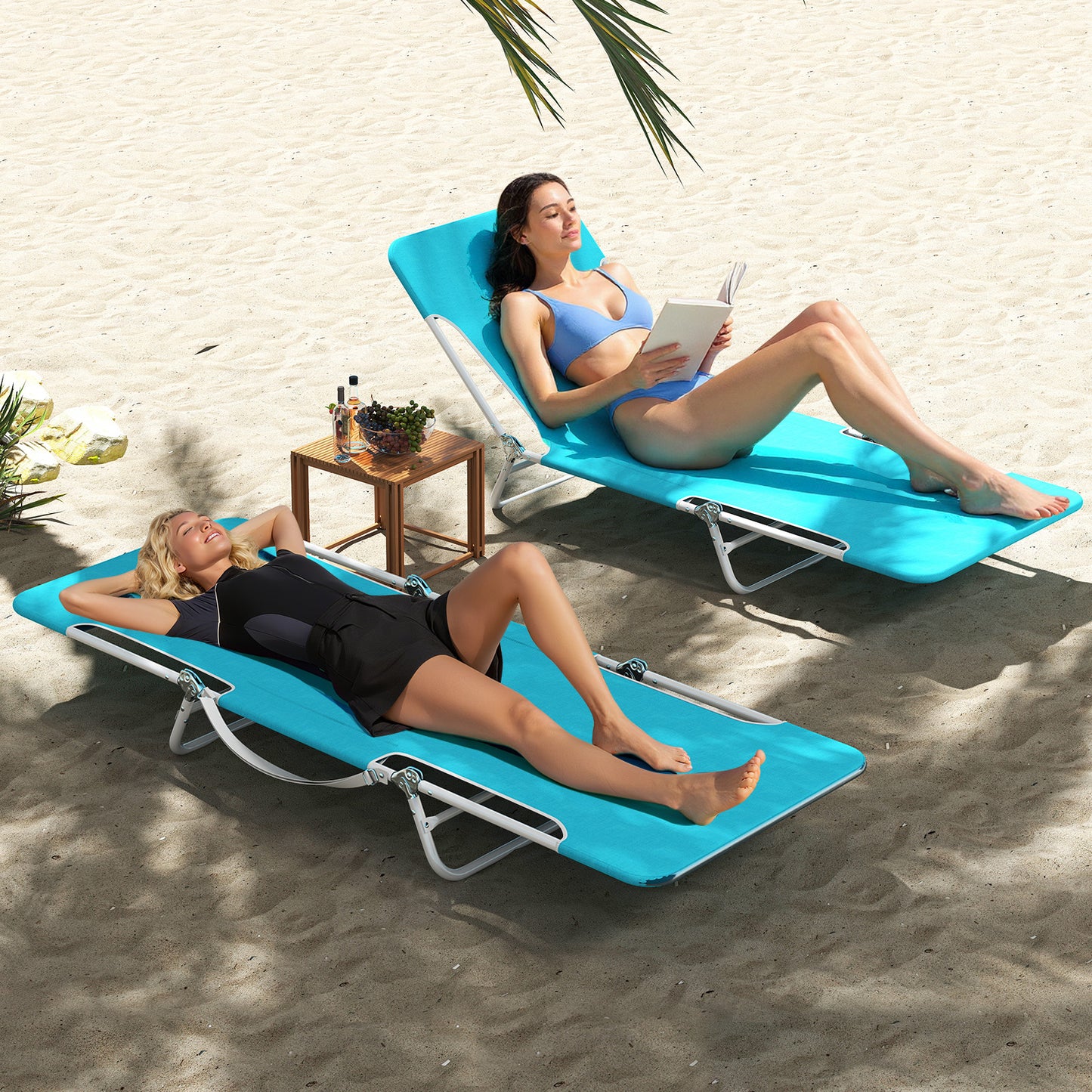 2 Pieces 5-position Lay Flat Beach Recliner with Carry Strap and Metal Frame, Turquoise Beach & Lawn Chairs at Gallery Canada