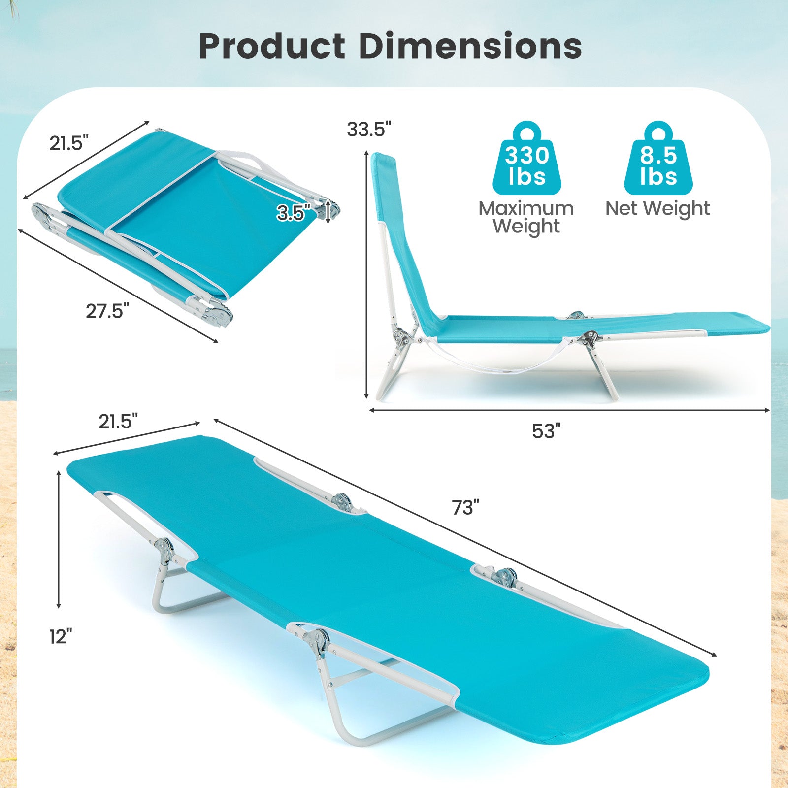 2 Pieces 5-position Lay Flat Beach Recliner with Carry Strap and Metal Frame, Turquoise Beach & Lawn Chairs at Gallery Canada