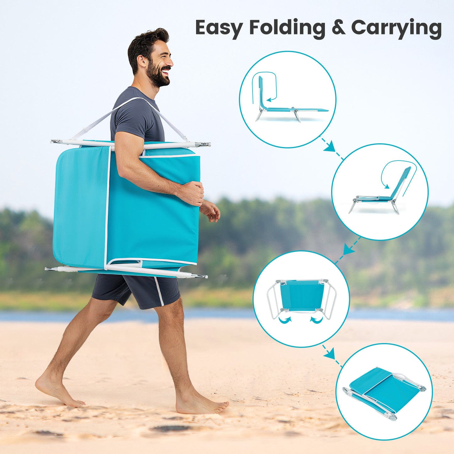2 Pieces 5-position Lay Flat Beach Recliner with Carry Strap and Metal Frame, Turquoise Beach & Lawn Chairs at Gallery Canada