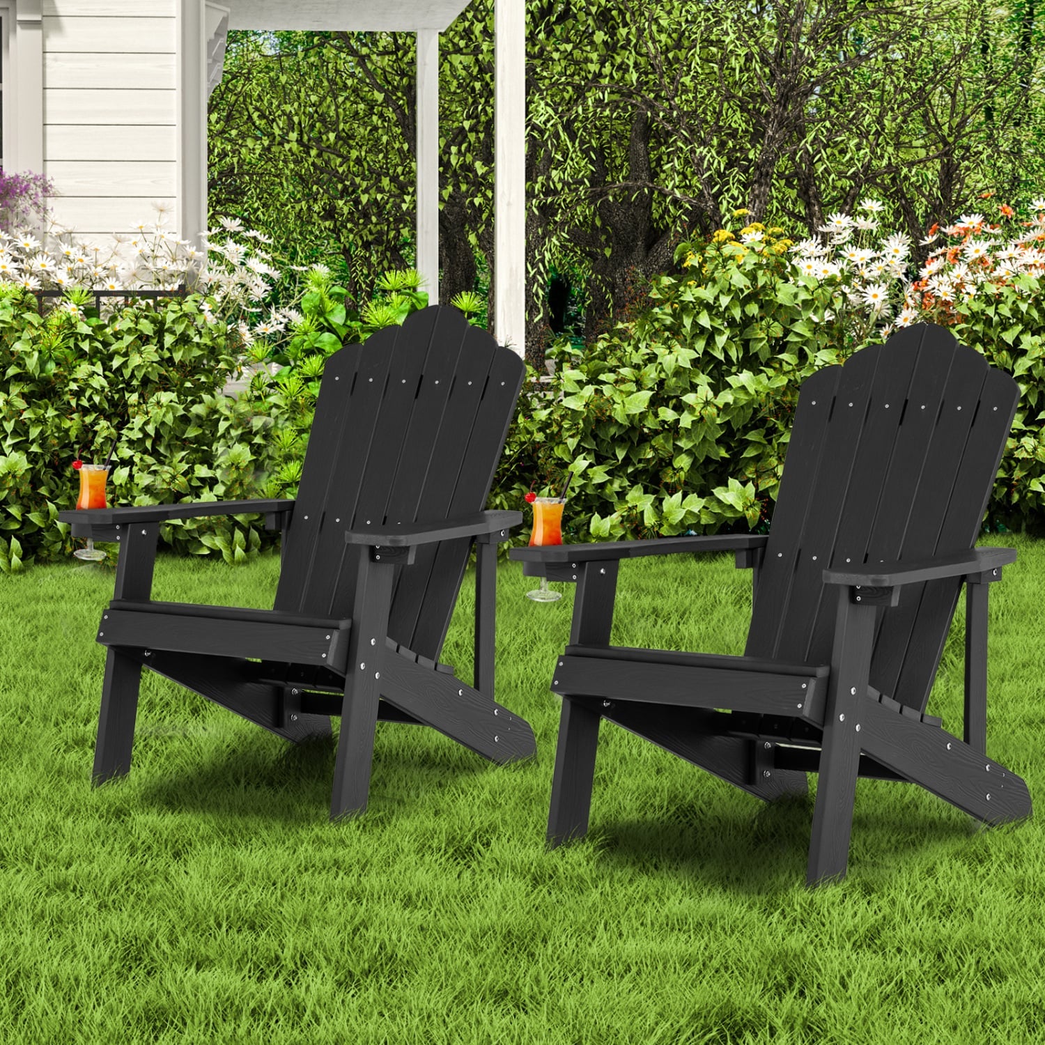 2 Pieces Adirondack Chair Set with Ergonomic Design for Porch and Backyard, Black Adirondack Chairs at Gallery Canada