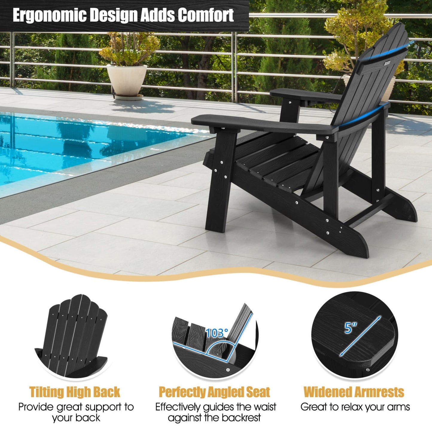 2 Pieces Adirondack Chair Set with Ergonomic Design for Porch and Backyard, Black Adirondack Chairs at Gallery Canada