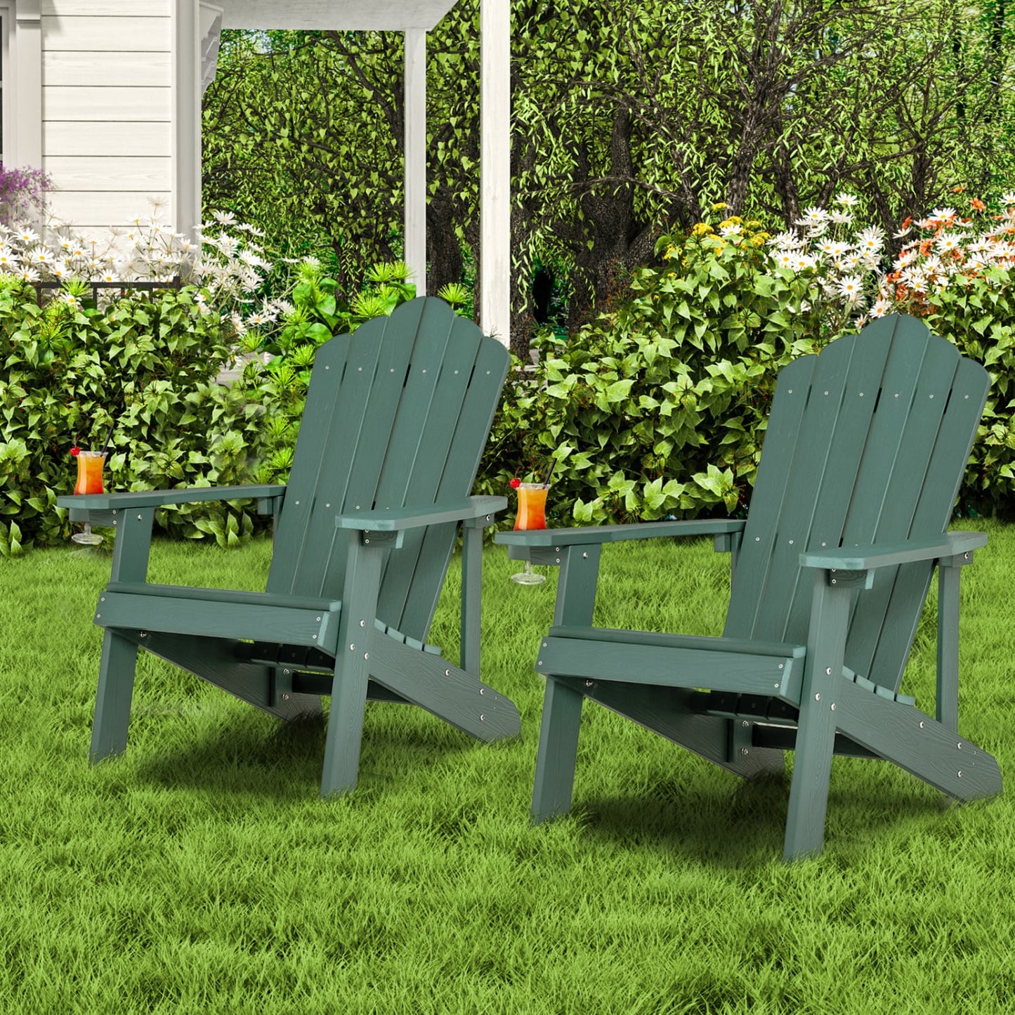 2 Pieces Adirondack Chair Set with Ergonomic Design for Porch and Backyard, Green Adirondack Chairs at Gallery Canada