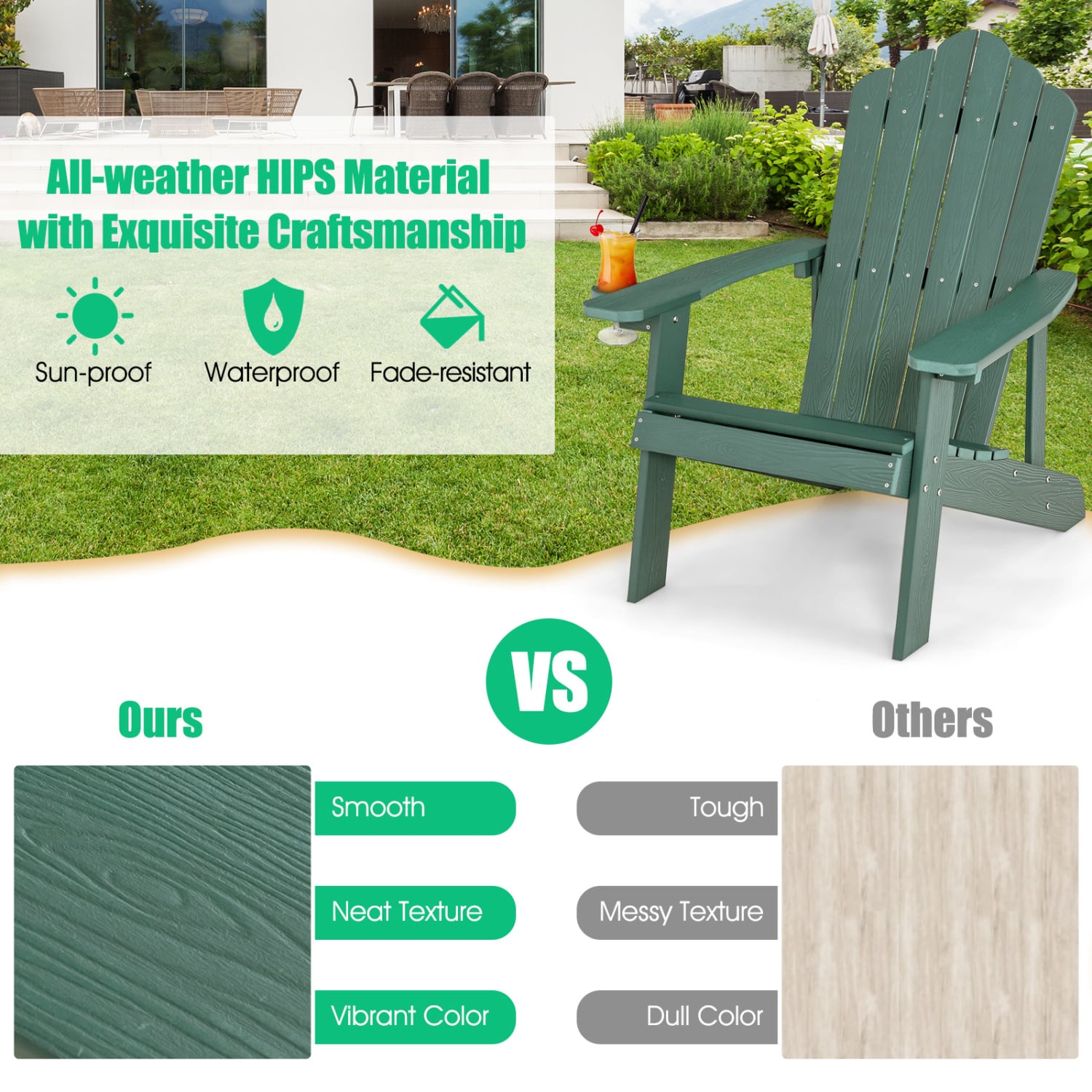 2 Pieces Adirondack Chair Set with Ergonomic Design for Porch and Backyard, Green Adirondack Chairs at Gallery Canada