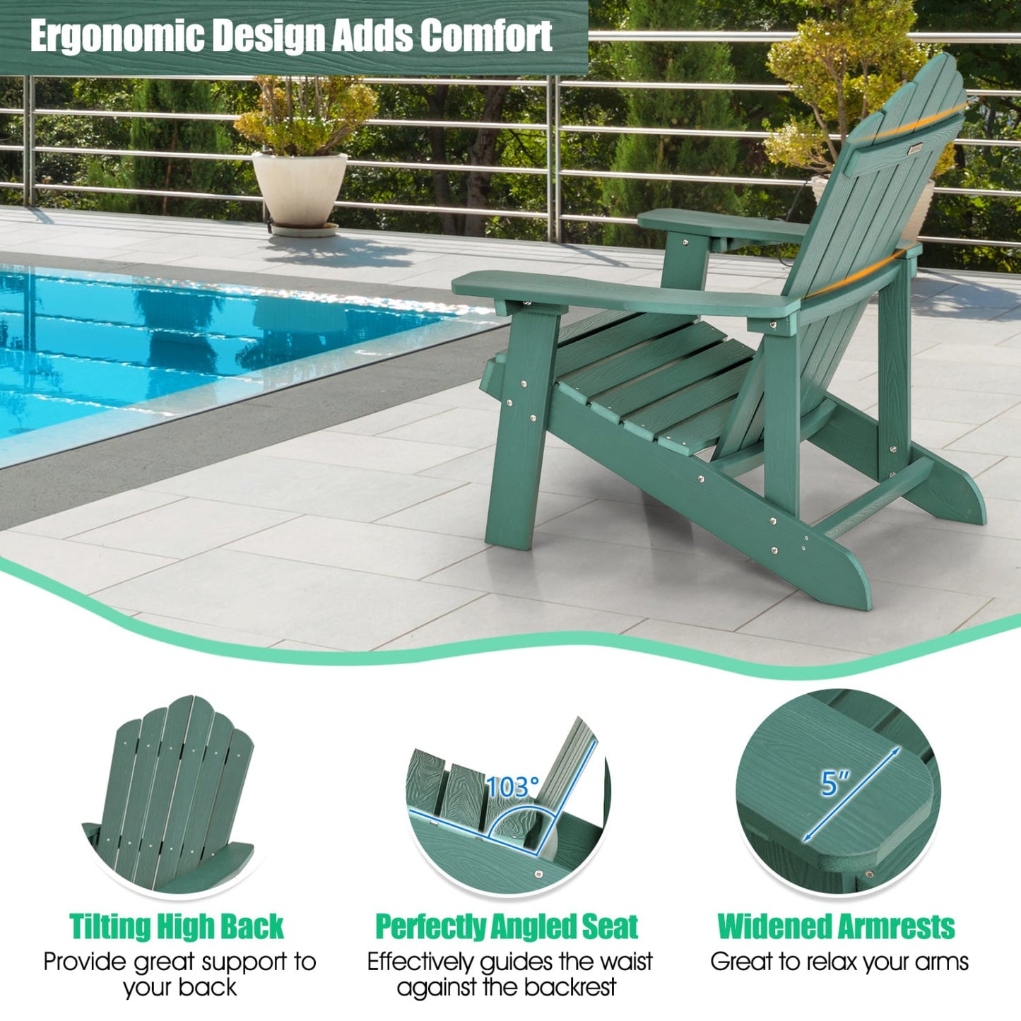 2 Pieces Adirondack Chair Set with Ergonomic Design for Porch and Backyard, Green Adirondack Chairs at Gallery Canada