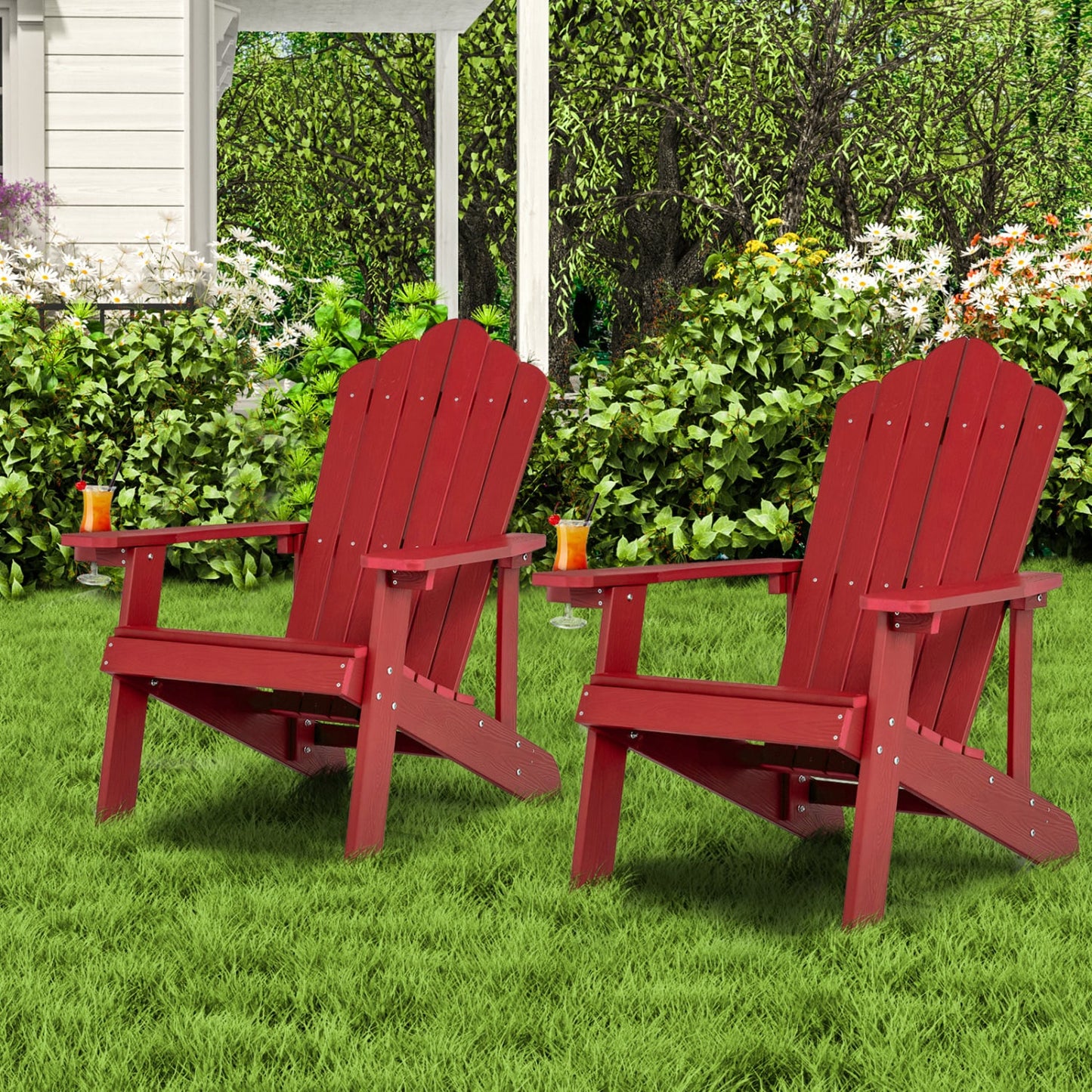 2 Pieces Adirondack Chair Set with Ergonomic Design for Porch and Backyard, Red Adirondack Chairs at Gallery Canada