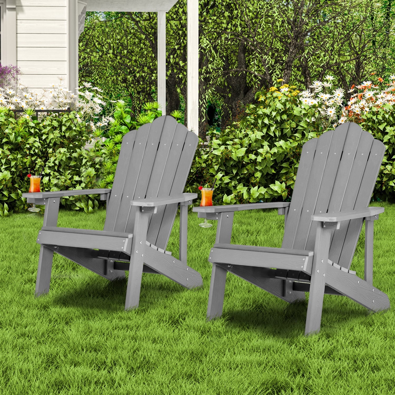 2 Pieces Adirondack Chair Set with Ergonomic Design for Porch and Backyard, Silver Gray Adirondack Chairs at Gallery Canada