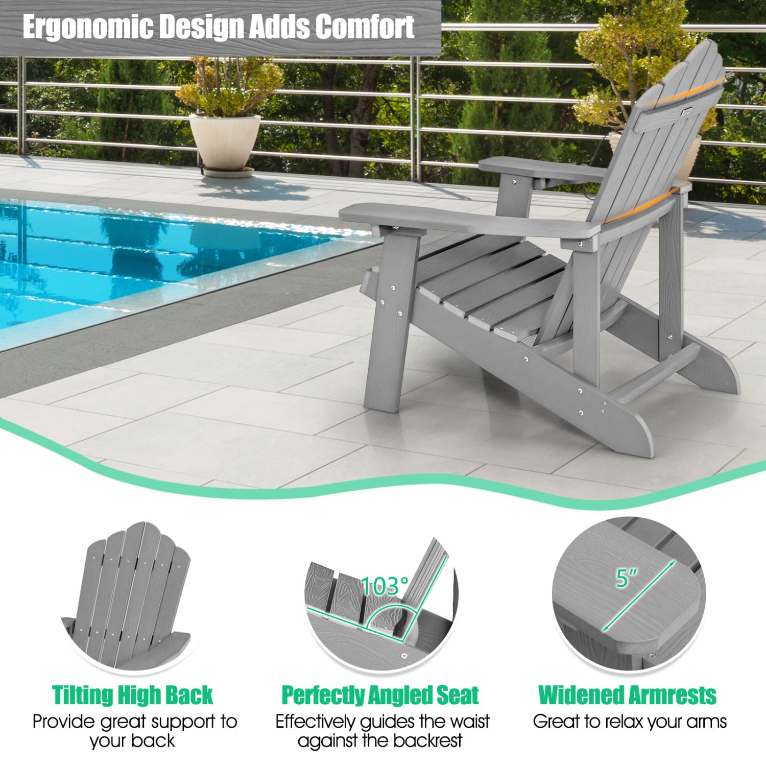 2 Pieces Adirondack Chair Set with Ergonomic Design for Porch and Backyard, Silver Gray Adirondack Chairs at Gallery Canada