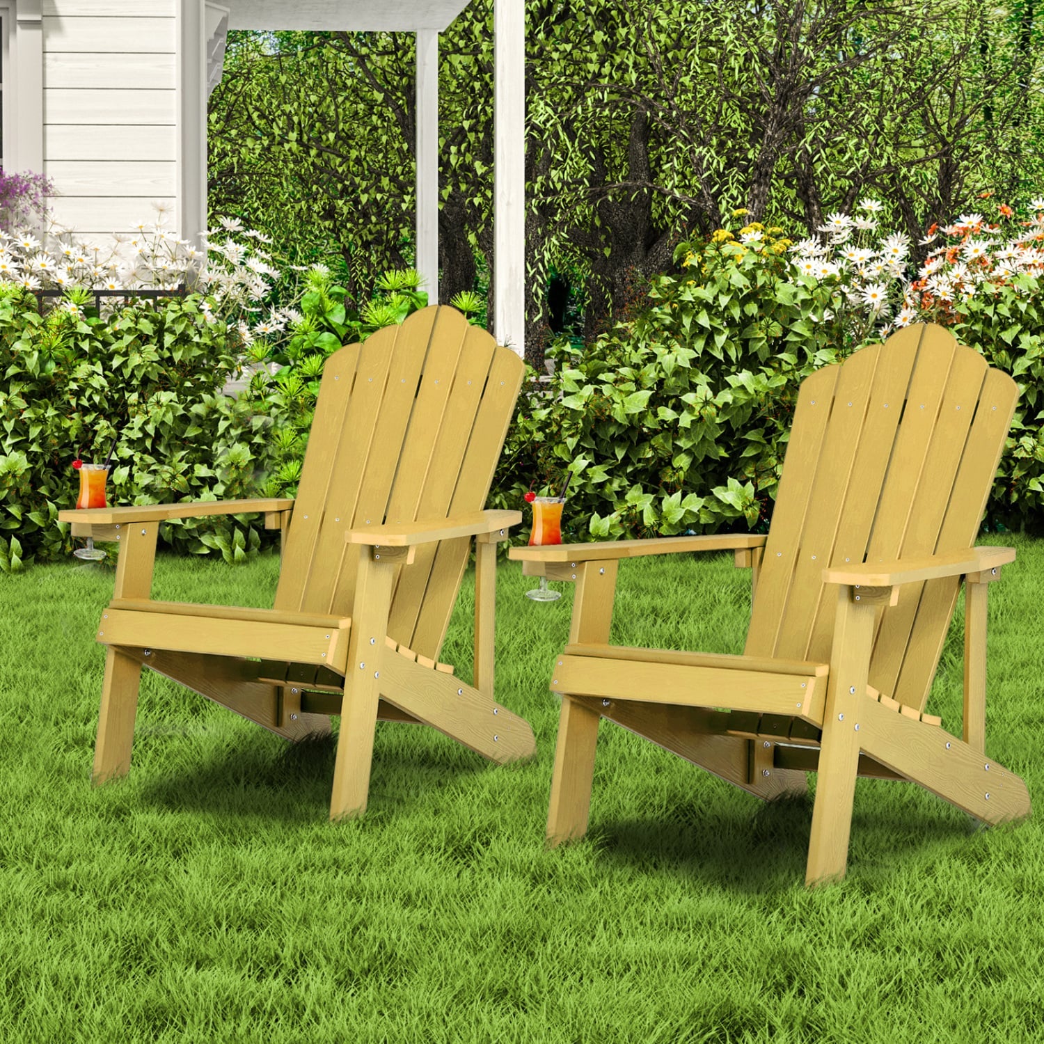 2 Pieces Adirondack Chair Set with Ergonomic Design for Porch and Backyard, Yellow Adirondack Chairs at Gallery Canada