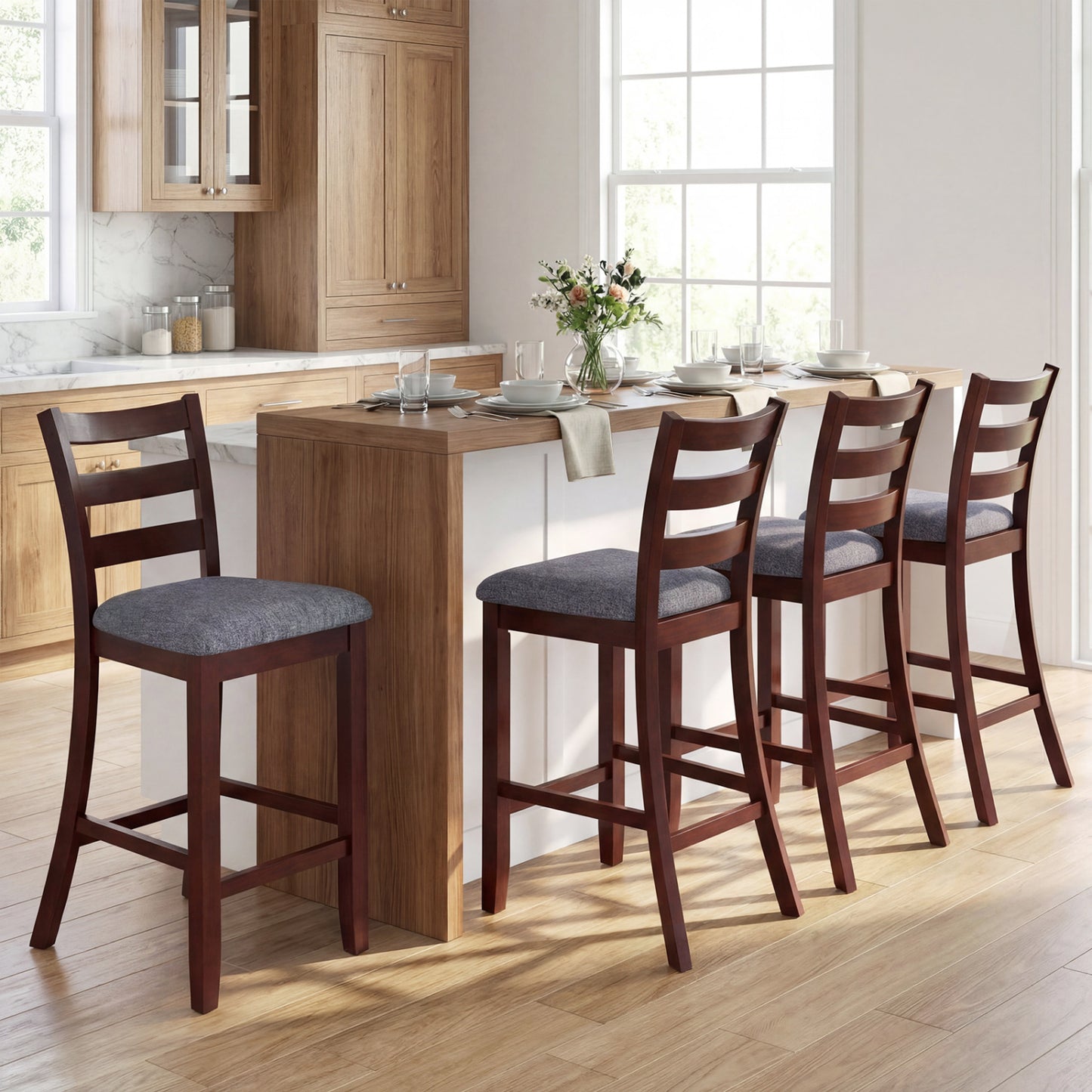 Counter Height Chairs, 2 Pieces, Fabric Seat, Rubber Wood Legs, Brown Bar Stools at Gallery Canada