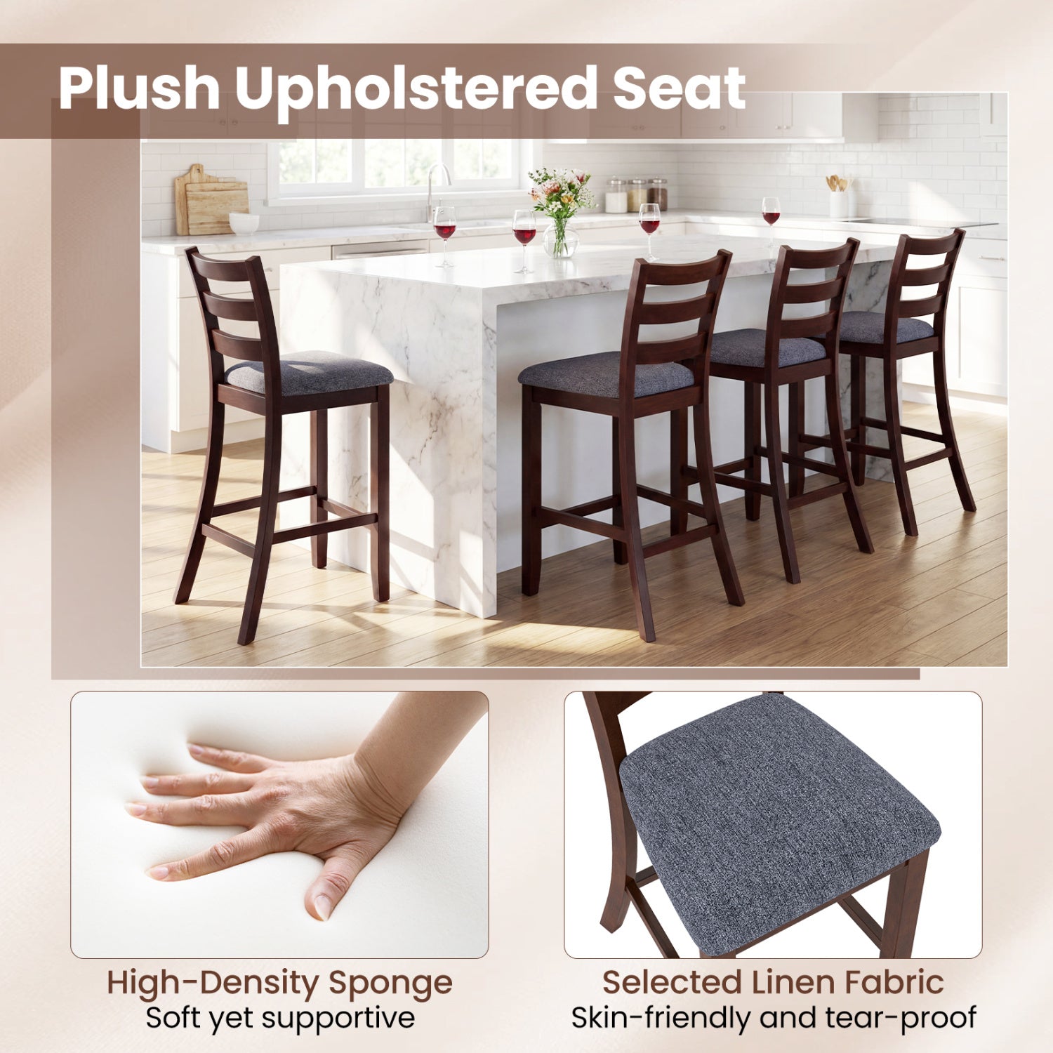 Counter Height Chairs, 2 Pieces, Fabric Seat, Rubber Wood Legs, Brown Bar Stools at Gallery Canada