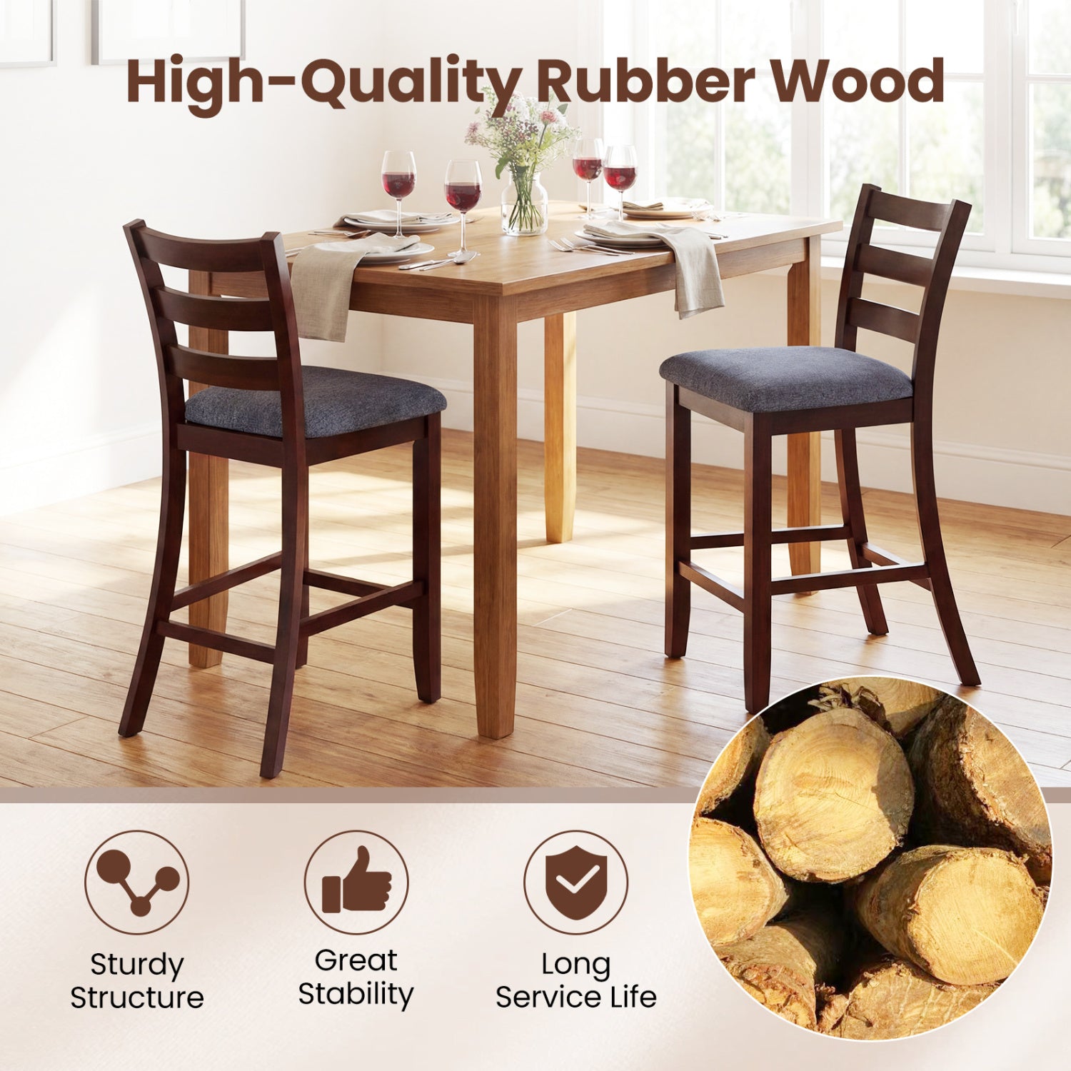 Counter Height Chairs, 2 Pieces, Fabric Seat, Rubber Wood Legs, Brown Bar Stools at Gallery Canada