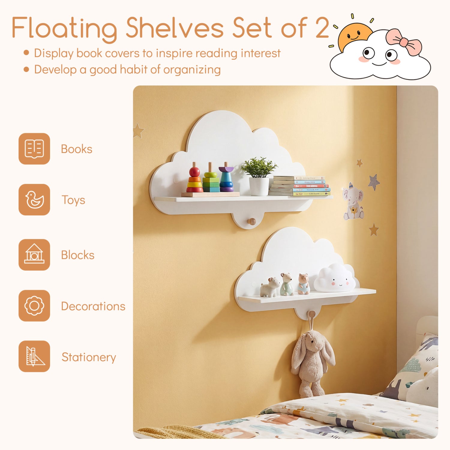 Floating Cloud Shelves, Wall Mounted Storage Display Rack, White Kids Storage at Gallery Canada