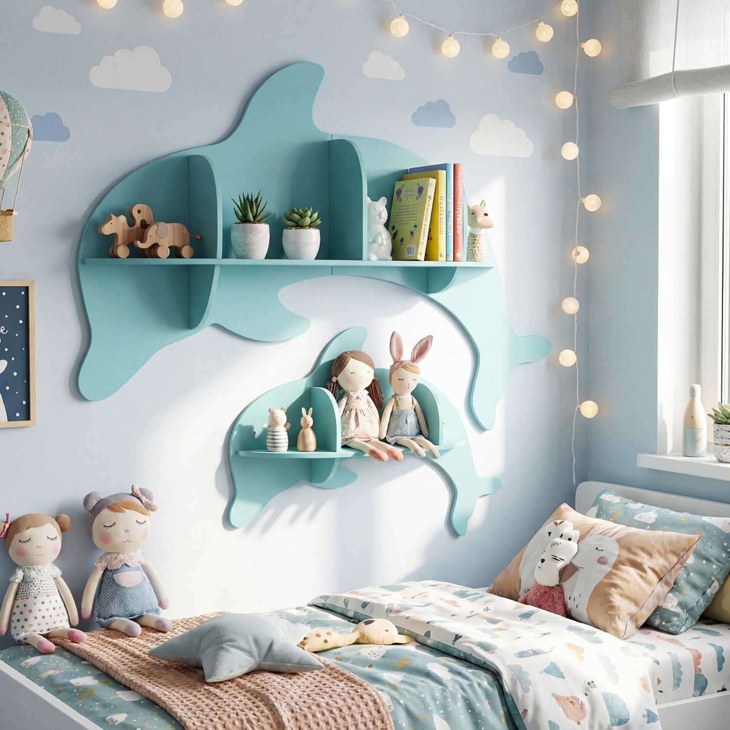 Floating Dolphin Shelves, Wall Mounted Display Rack, Blue Kids Storage at Gallery Canada