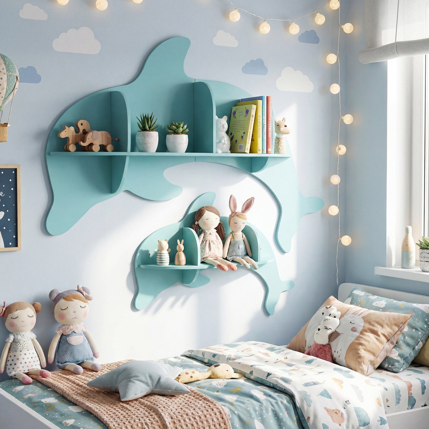 Floating Dolphin Shelves, Wall Mounted Display Rack, Blue Kids Storage at Gallery Canada