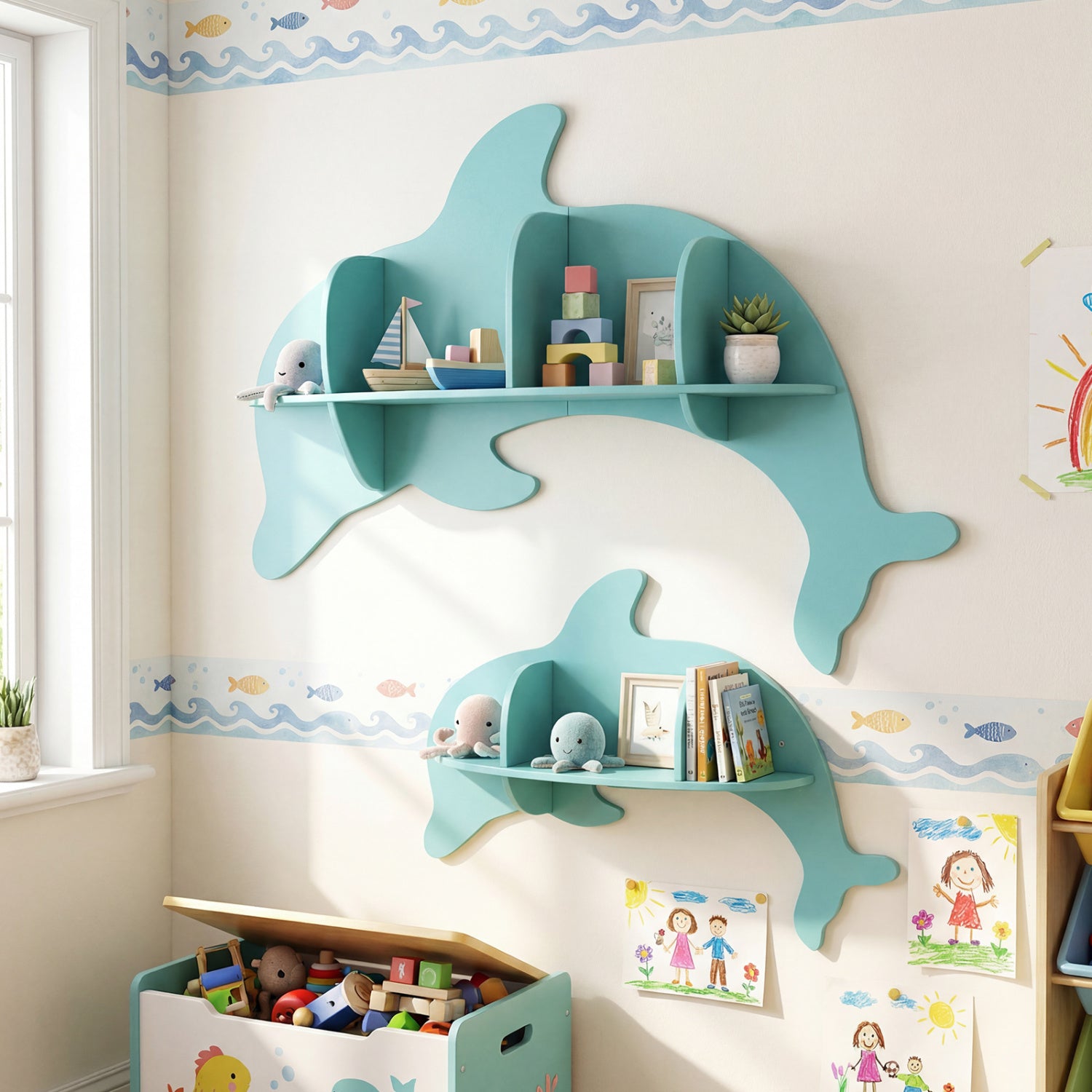 Floating Dolphin Shelves, Wall Mounted Display Rack, Blue Kids Storage at Gallery Canada