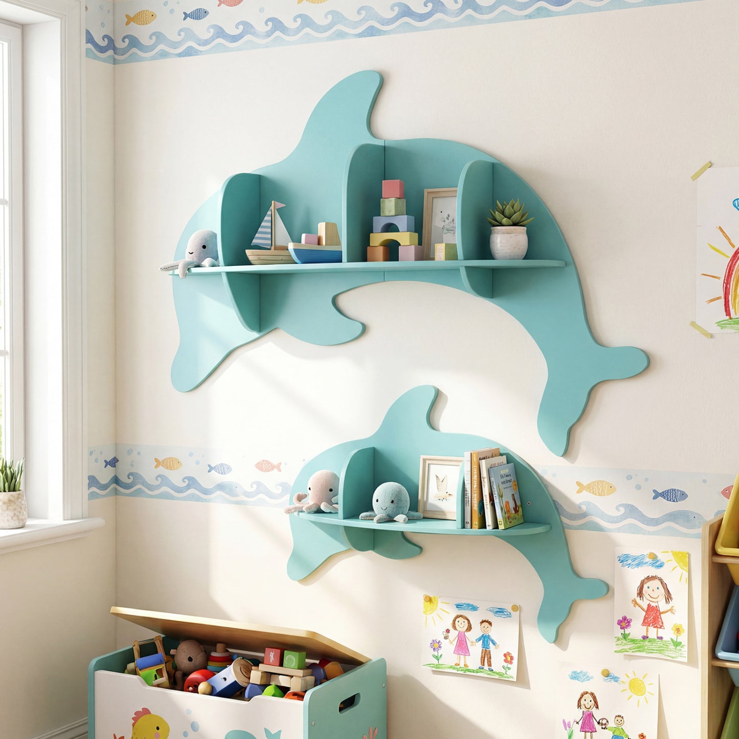 Floating Dolphin Shelves, Wall Mounted Display Rack, Blue Kids Storage at Gallery Canada