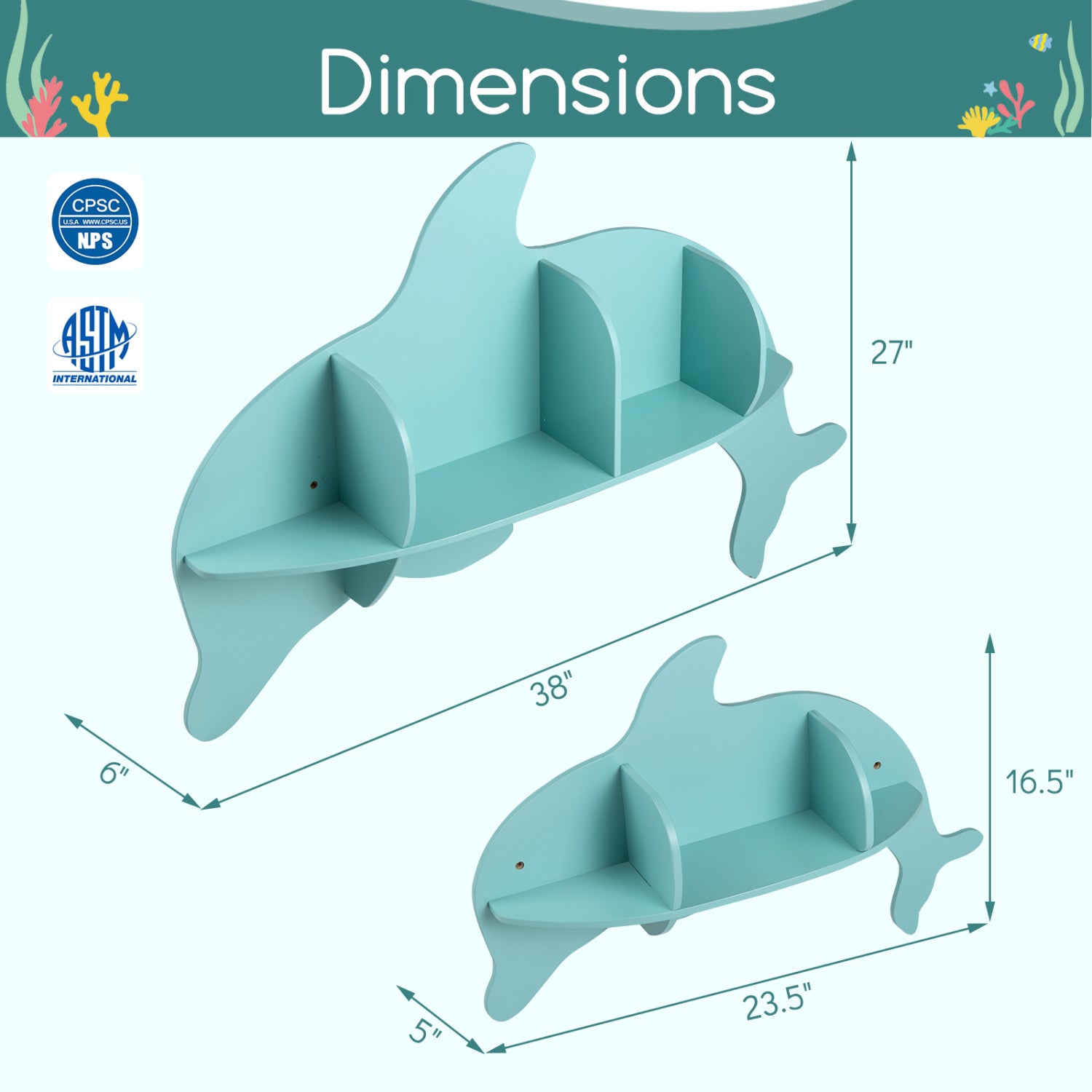 Floating Dolphin Shelves, Wall Mounted Display Rack, Blue Kids Storage at Gallery Canada