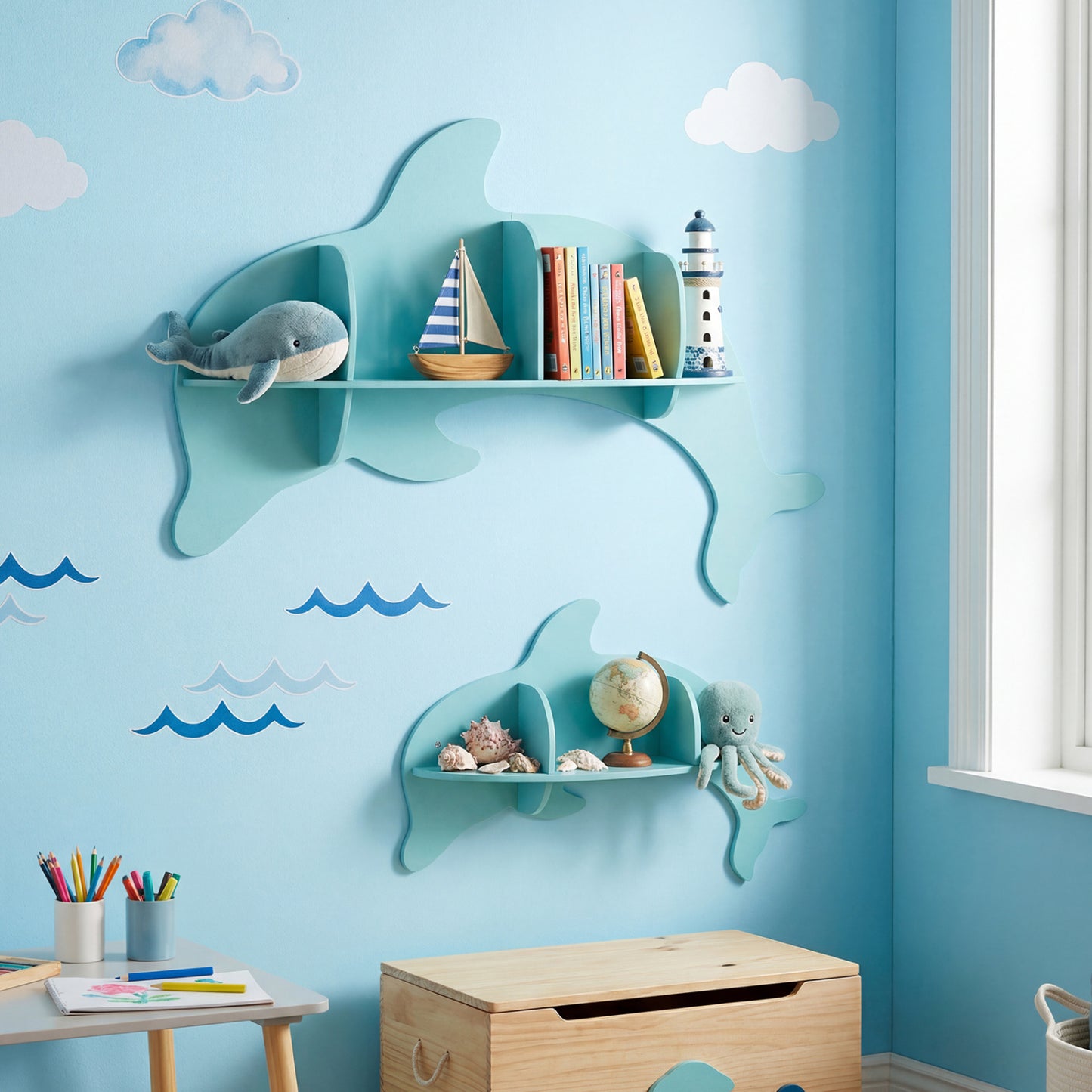 Floating Dolphin Shelves, Wall Mounted Display Rack, Blue Kids Storage at Gallery Canada
