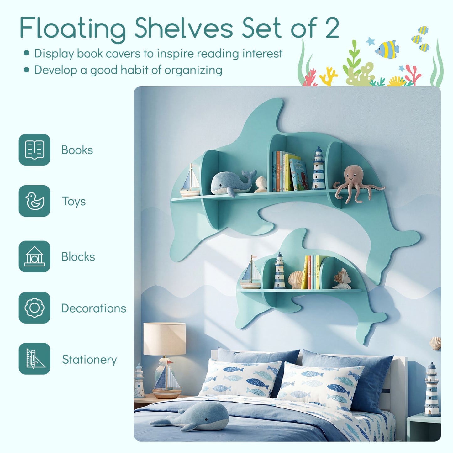 Floating Dolphin Shelves, Wall Mounted Display Rack, Blue Kids Storage at Gallery Canada