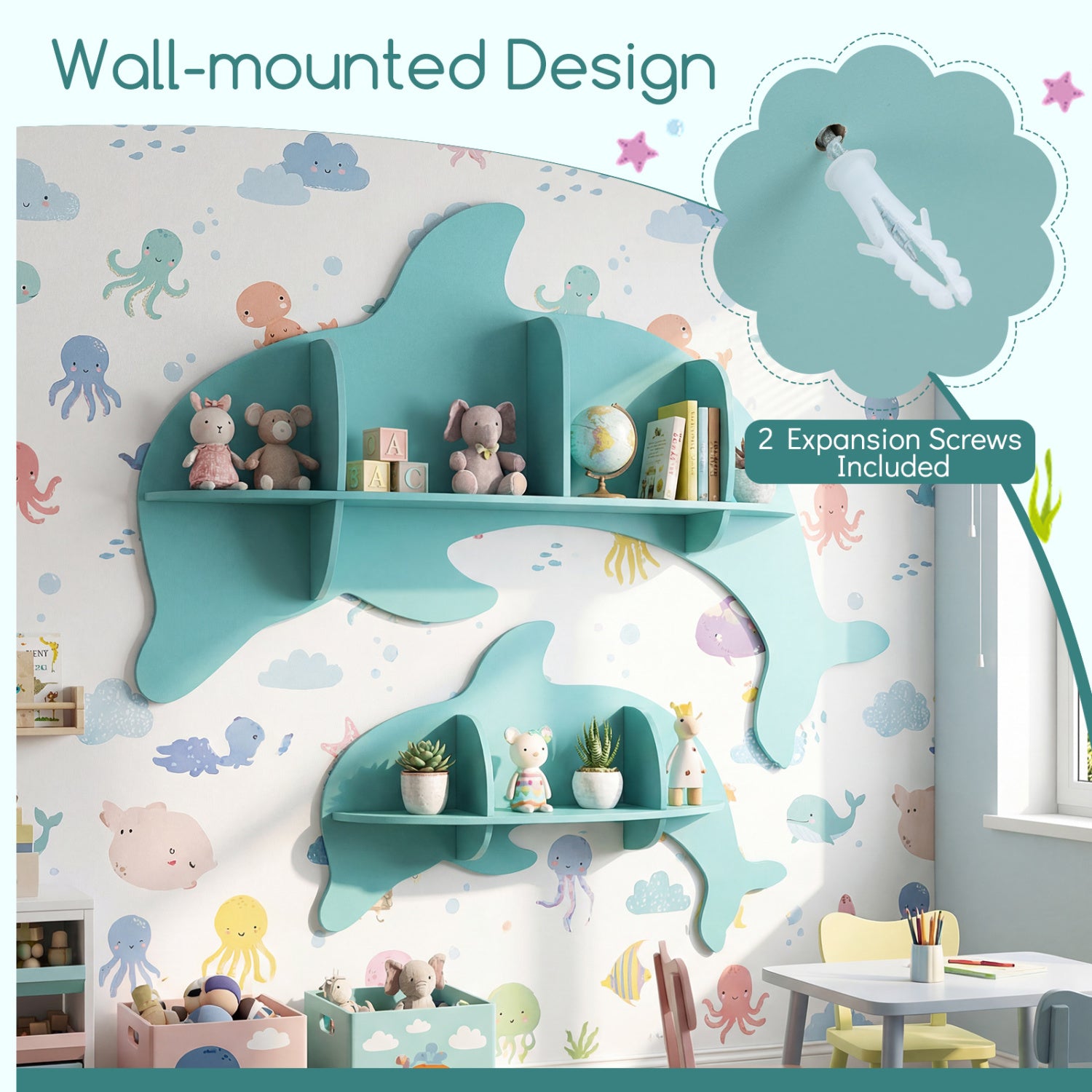 Floating Dolphin Shelves, Wall Mounted Display Rack, Blue Kids Storage at Gallery Canada