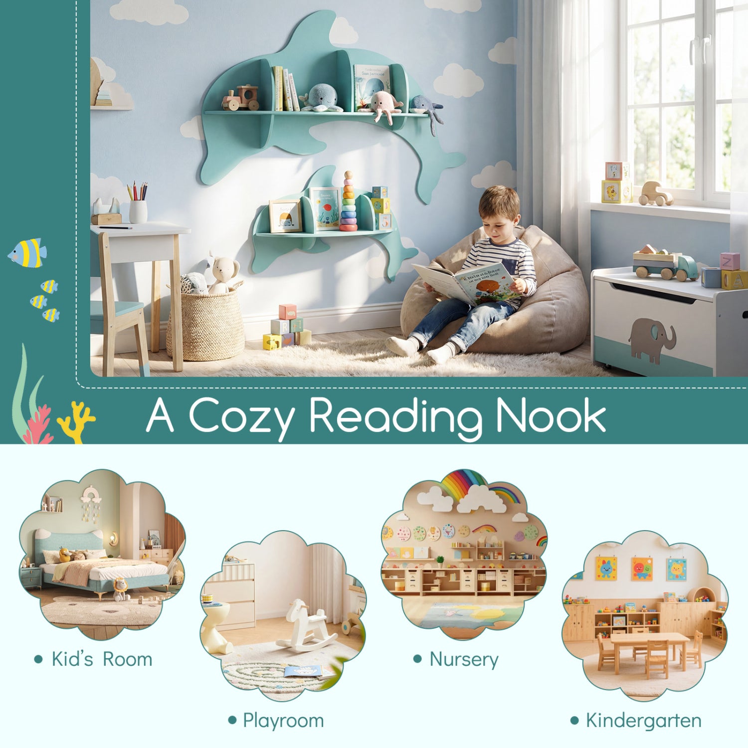 Floating Dolphin Shelves, Wall Mounted Display Rack, Blue Kids Storage at Gallery Canada