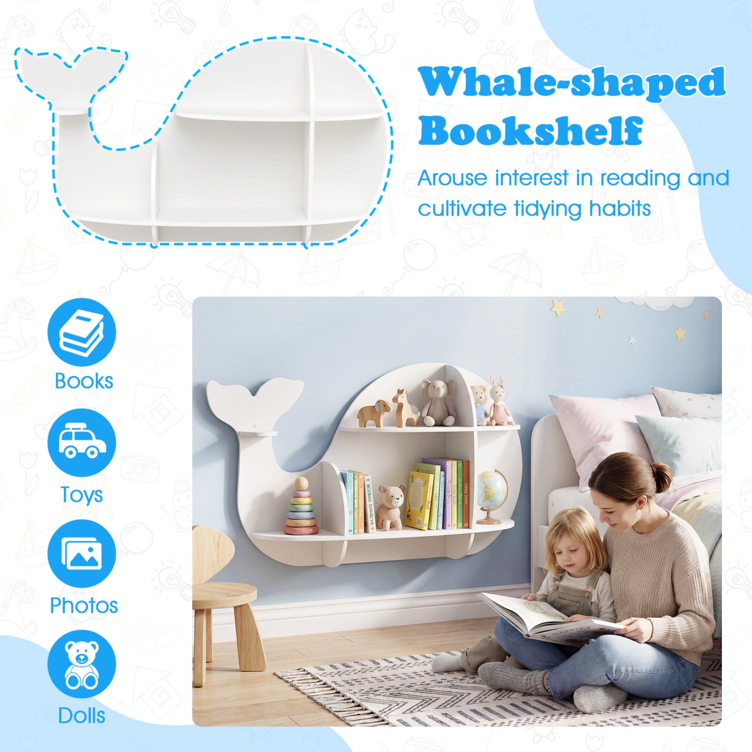 Floating Dolphin Shelves, Wall Mounted Storage Display Rack, White Kids Storage at Gallery Canada