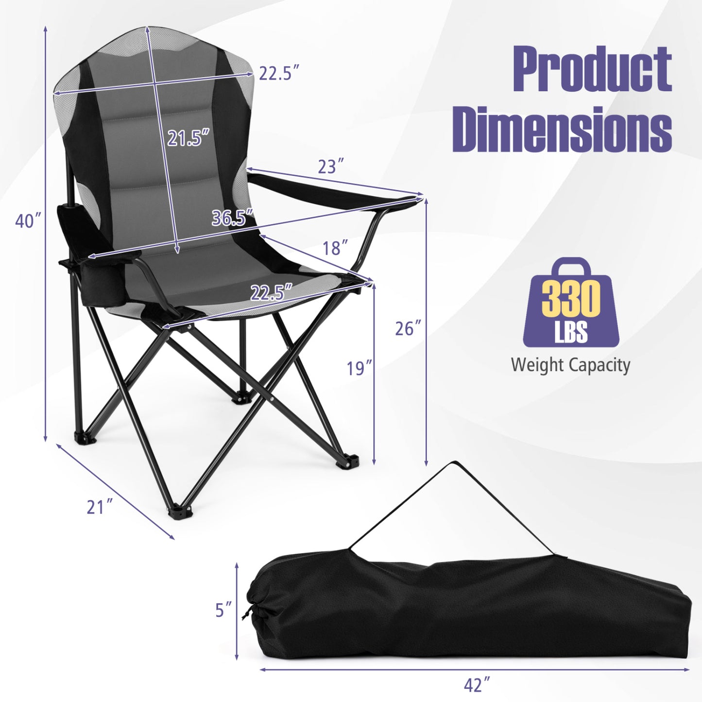 Folding Camping Chairs for Adults with Cup Holders, 2-Piece, Black