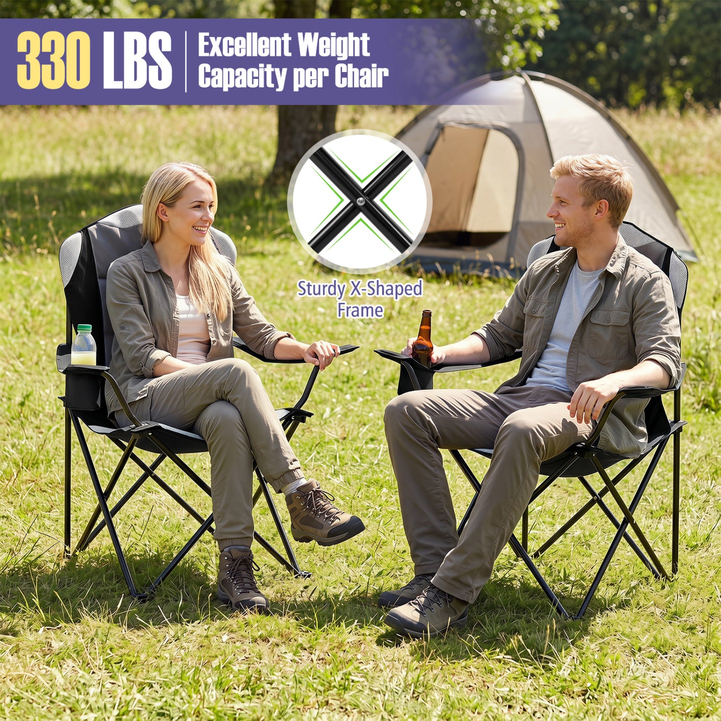 Folding Camping Chairs for Adults with Cup Holders, 2-Piece, Black
