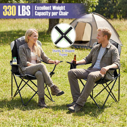 Folding Camping Chairs for Adults with Cup Holders, 2-Piece, Black