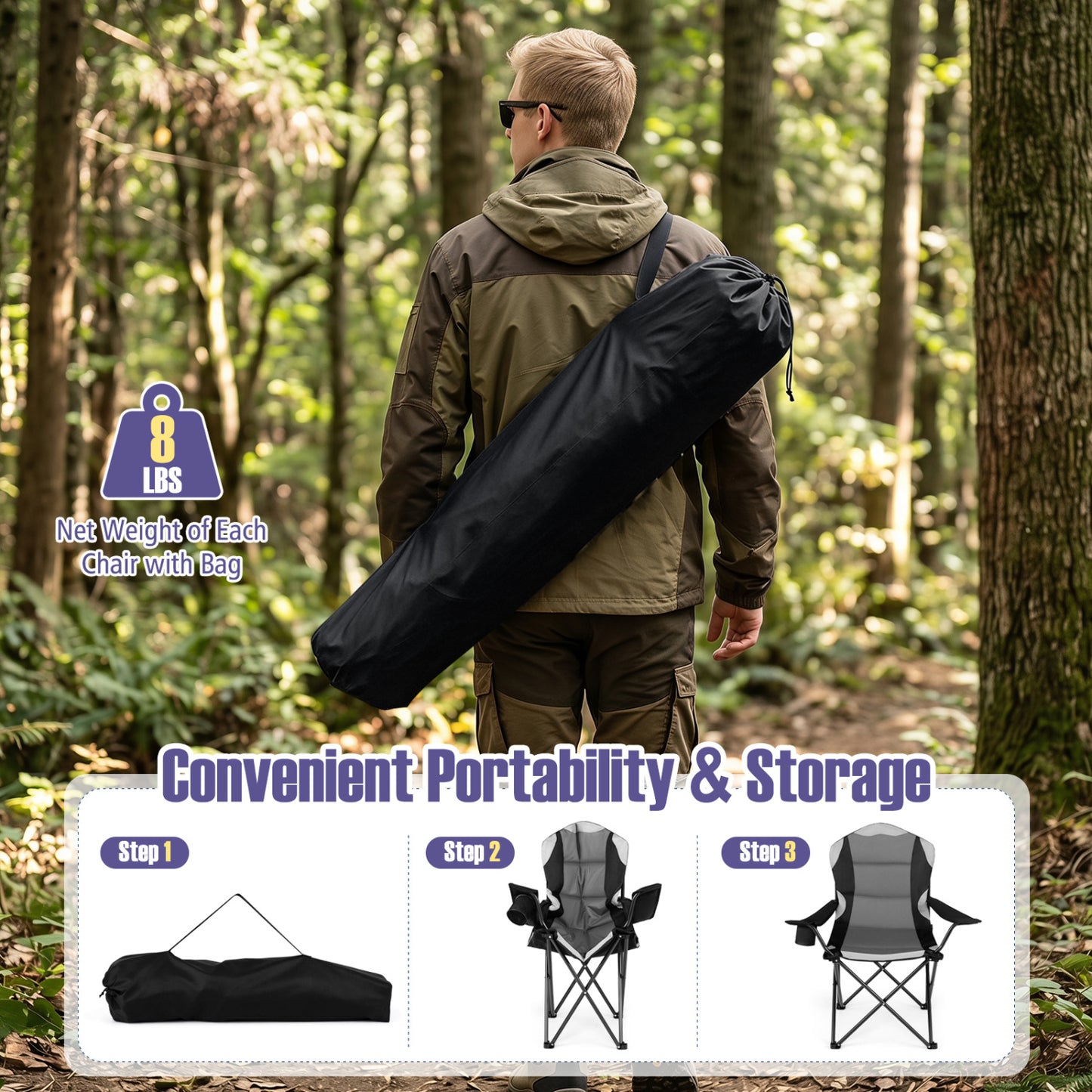 Folding Camping Chairs for Adults with Cup Holders, 2-Piece, Black