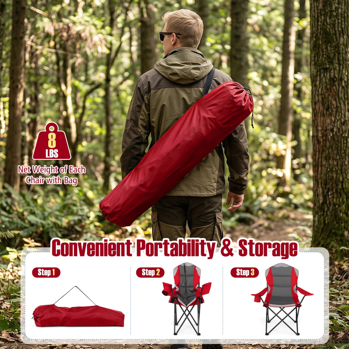 2 Folding Camping Chairs With Cup Holders, Red