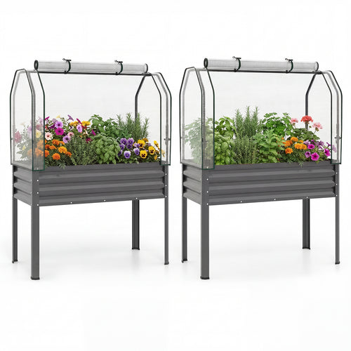 Galvanized Raised Garden Bed, 2 Pieces, With Legs And Greenhouse Cover, Gray
