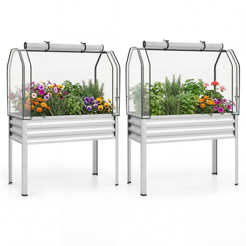 Galvanized Raised Garden Bed, 2 Pieces, With Legs And Greenhouse Cover, Silver